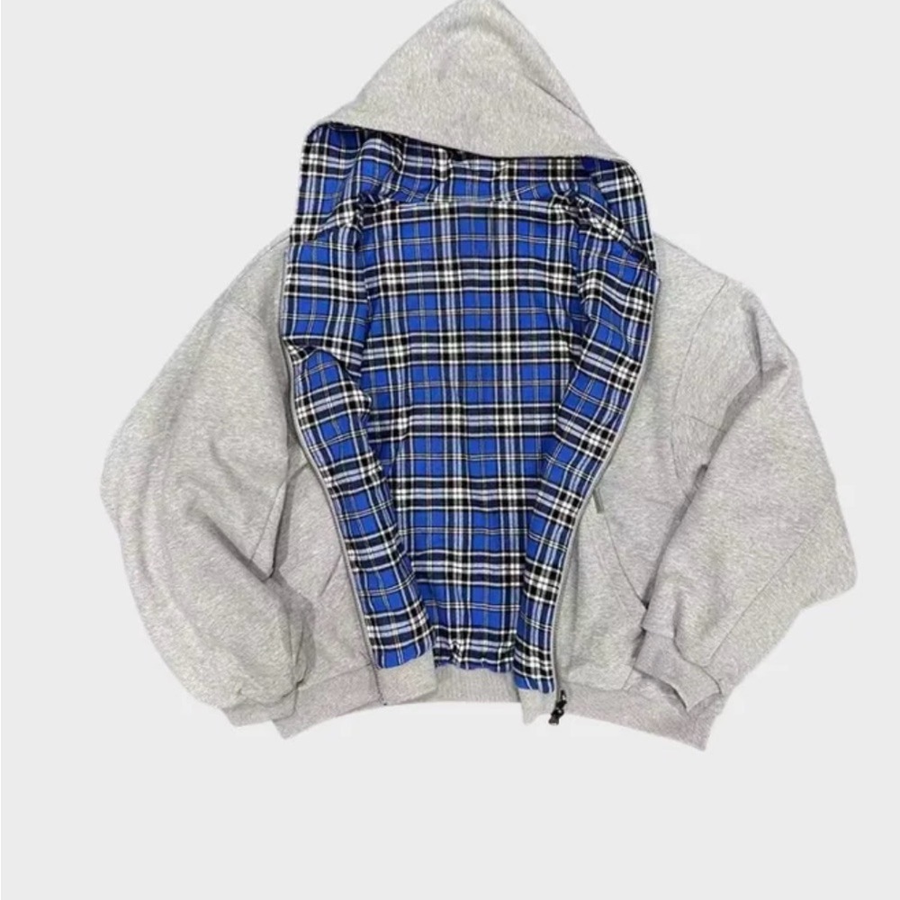 DCRB Inside Out Checkered Zipper NWT Small Blue Plaid Gray Exterior Full Zip